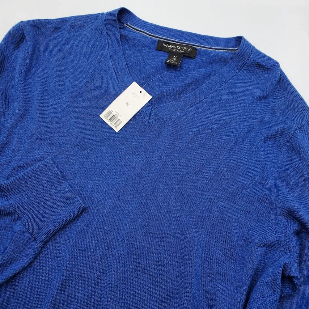Banana Republic Mens Silk Cotton Cashmere V-Neck Sweater Blue M NWT 409728-47-1